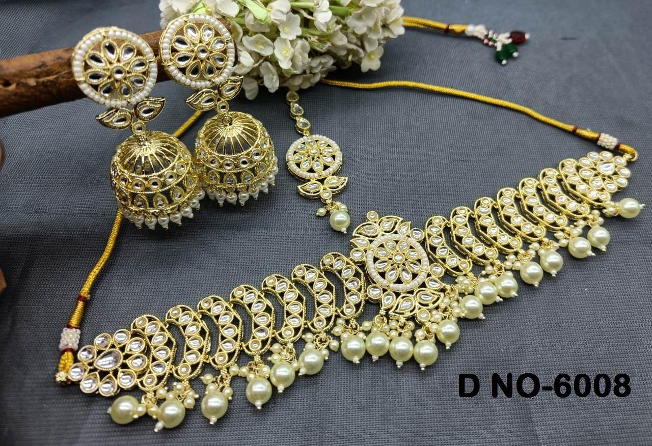 Golden Kundan Necklace Set Sku-6008 B4 - rchiecreation