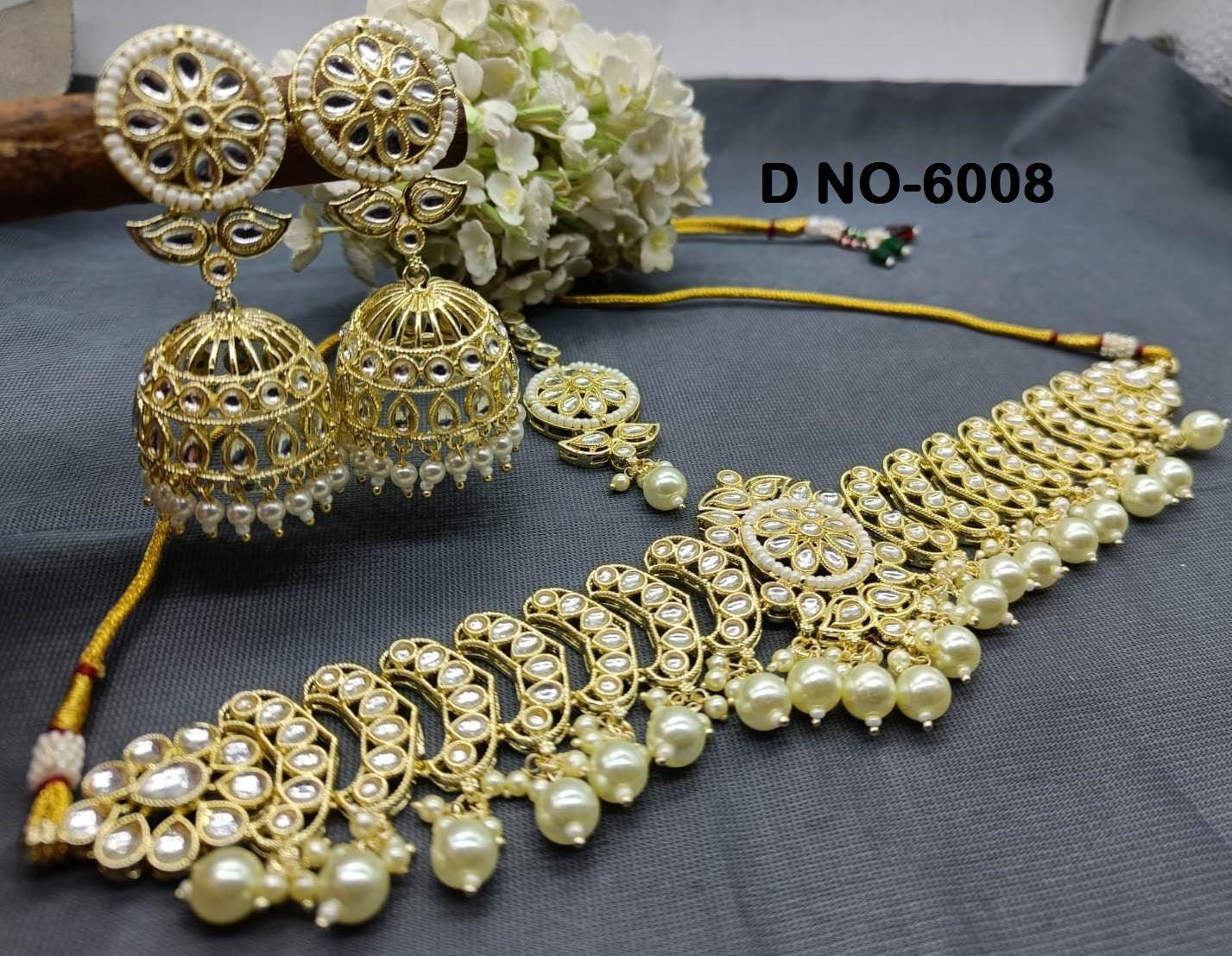Golden Kundan Necklace Set Sku-6008 B4 - rchiecreation