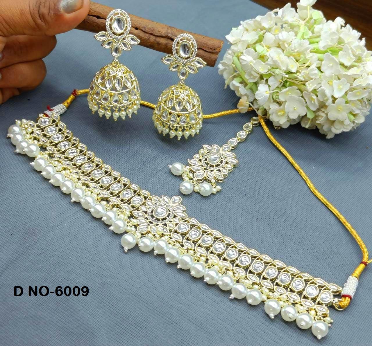 Golden Kundan Necklace Set Sku 6009 B4 - rchiecreation