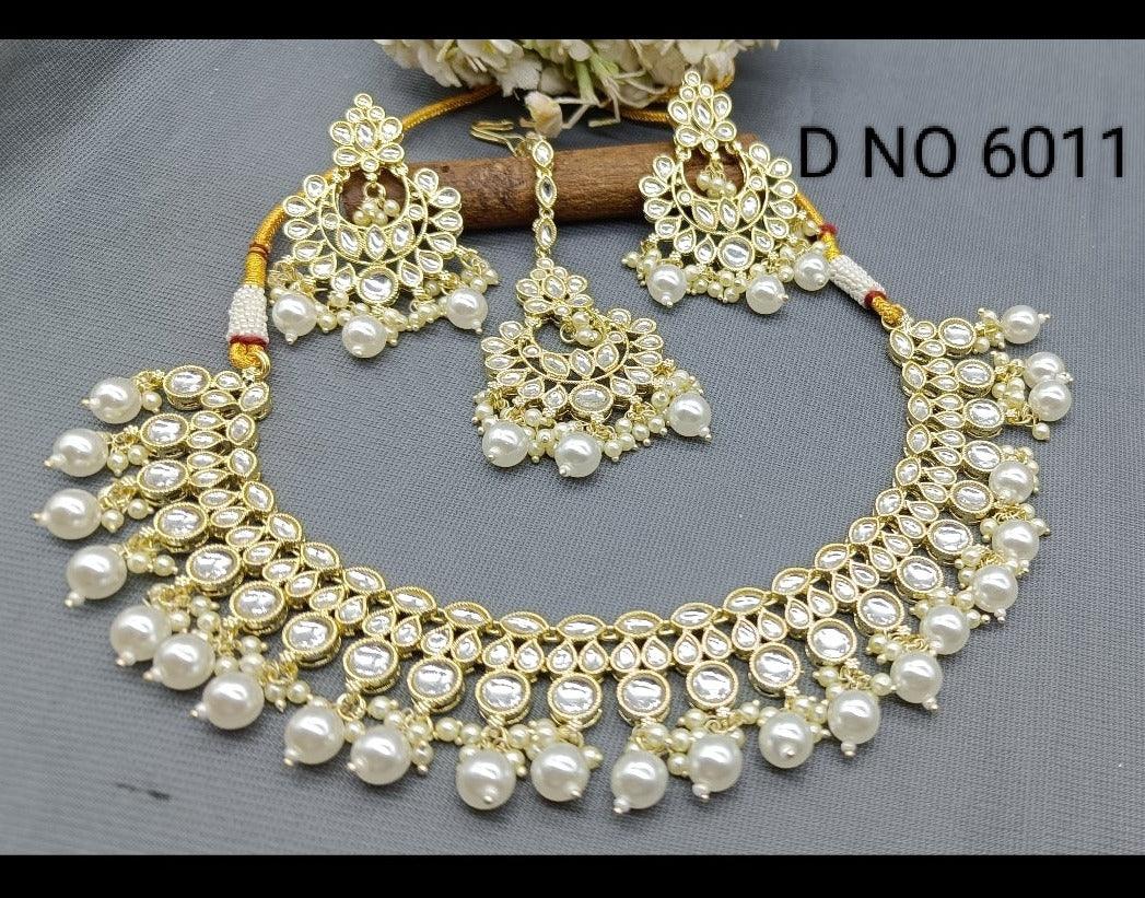 Golden Kundan Necklace Set Sku-6011 B4 - rchiecreation