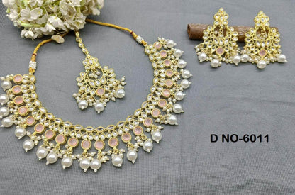 Golden Kundan Necklace Set Sku-6011 B4 - rchiecreation