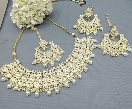 Golden Kundan Necklace Set Sku 6061 B4 - rchiecreation