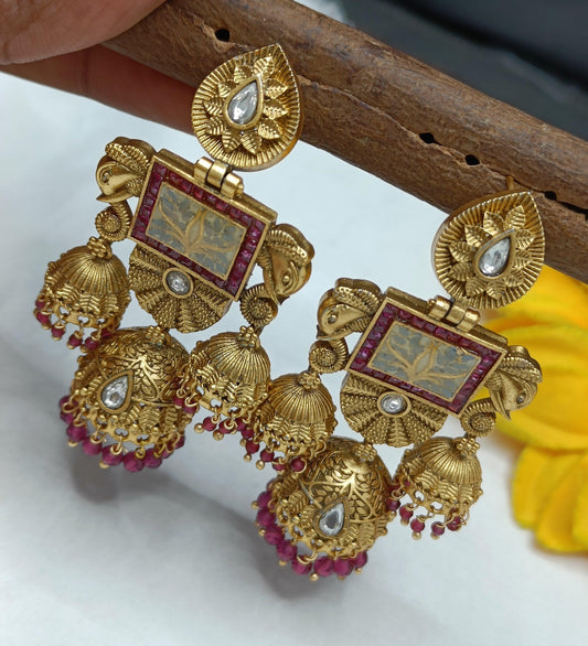 Minakari Antique Golden Earrings Sku-15051 D3 - rchiecreation