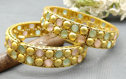 Mint Pink Antique Golden Bangles Sku 3079 D1 - rchiecreation