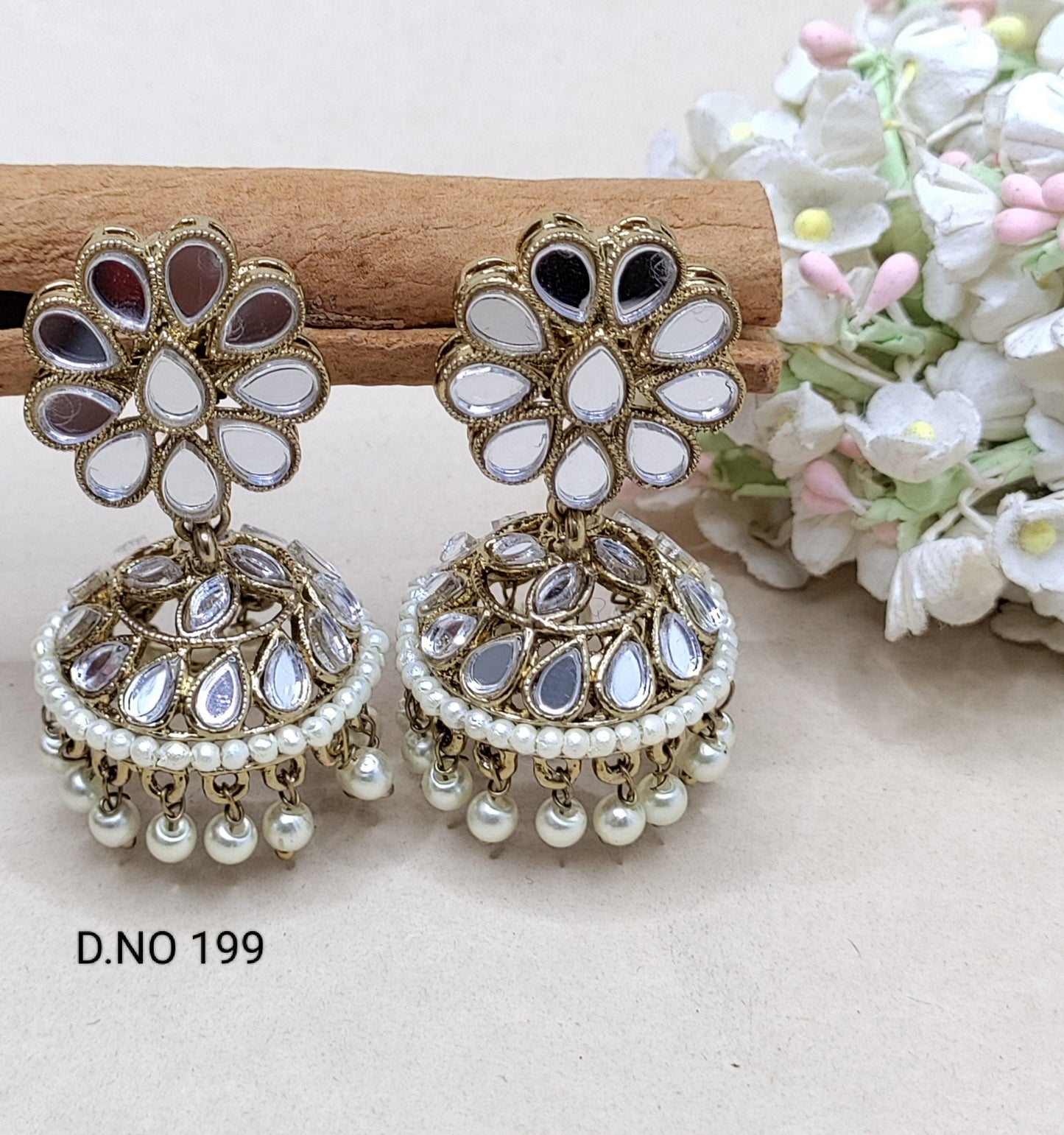 Mirror Kundan Jhumki Earring Mehndi Sku 199 A3 - rchiecreation