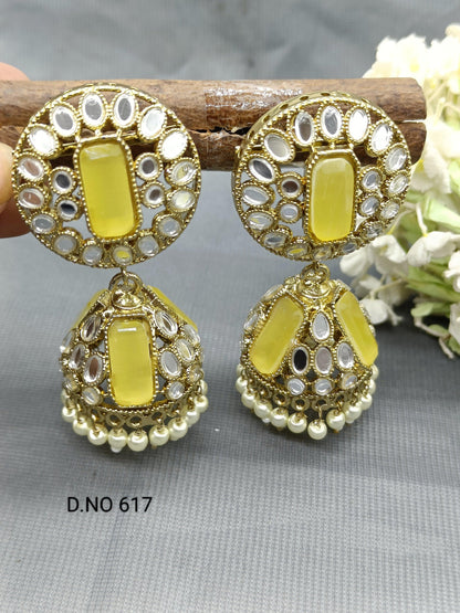 Mirror Kundan Jhumki Earring Mehndi Sku 617 A3 - rchiecreation