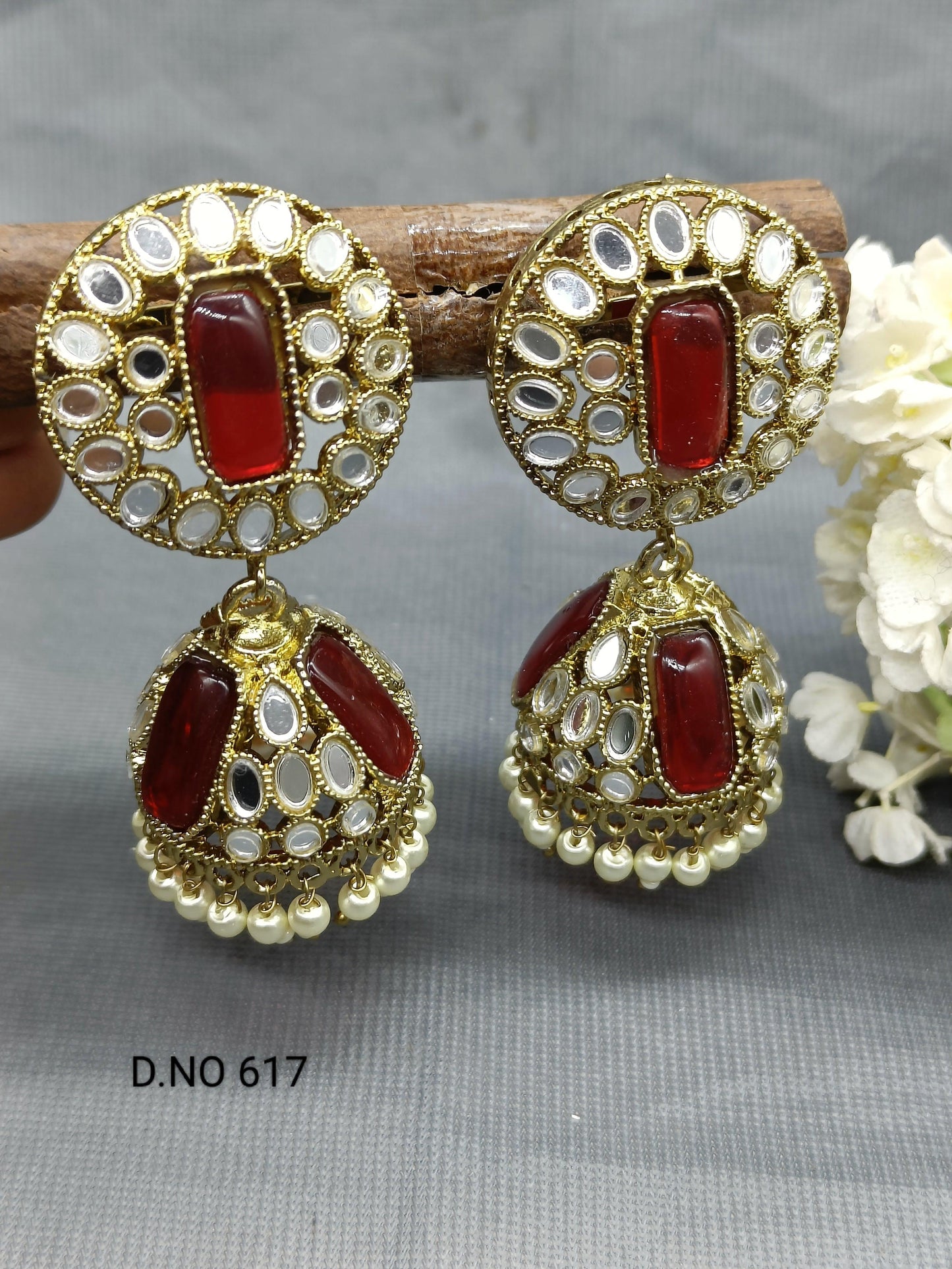 Mirror Kundan Jhumki Earring Mehndi Sku 617 A3 - rchiecreation