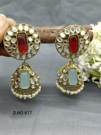 Mirror Kundan Jhumki Earring Mehndi Sku 617 A3 - rchiecreation