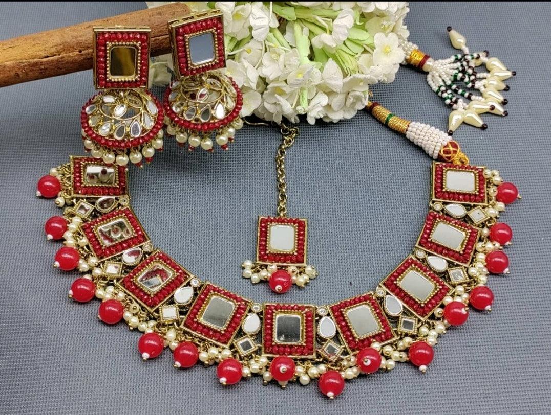 Mirror Kundan Necklace Mehndi Set Sku -5568 B4 - rchiecreation