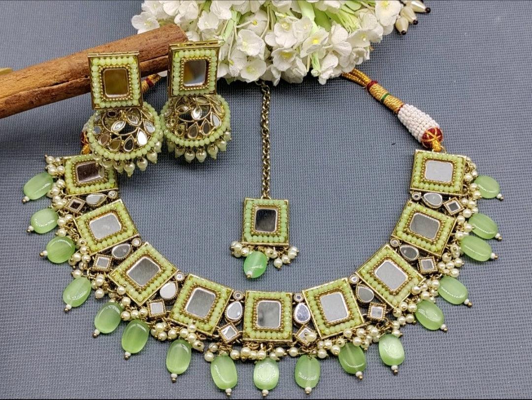 Mirror Kundan Necklace Mehndi Set Sku -5568 B4 - rchiecreation