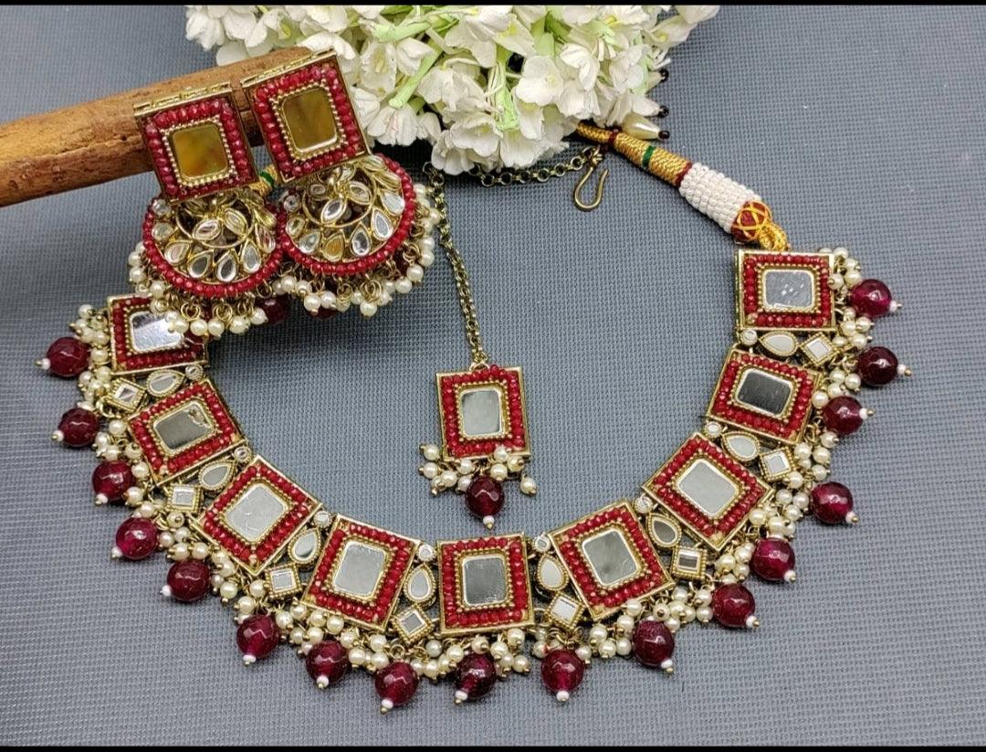 Mirror Kundan Necklace Mehndi Set Sku -5568 B4 - rchiecreation