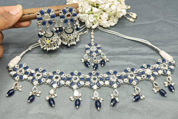 Mirror Kundan Necklace Rhodium Set Sku 5667 B3 - rchiecreation