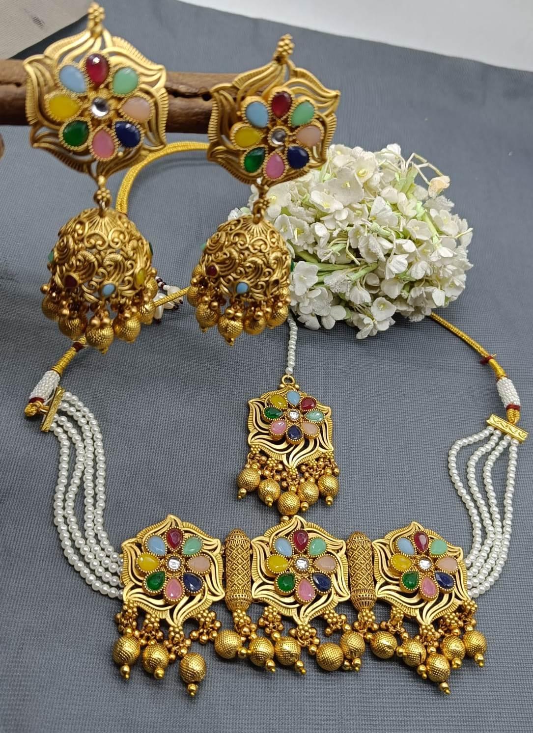 Navratan Golden Necklace Set Sku-15086 D3 - rchiecreation