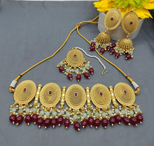 Navratan Golden Necklace Set Sku 15087 D3 - rchiecreation
