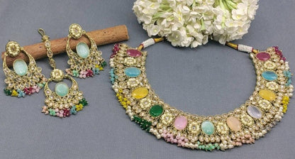 Navratan Stone Necklace Mehndi Set Sku 5677 B3 - rchiecreation