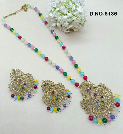 Pearl Polki Long Necklace Mehndi Set Sku-6136 B1 - rchiecreation