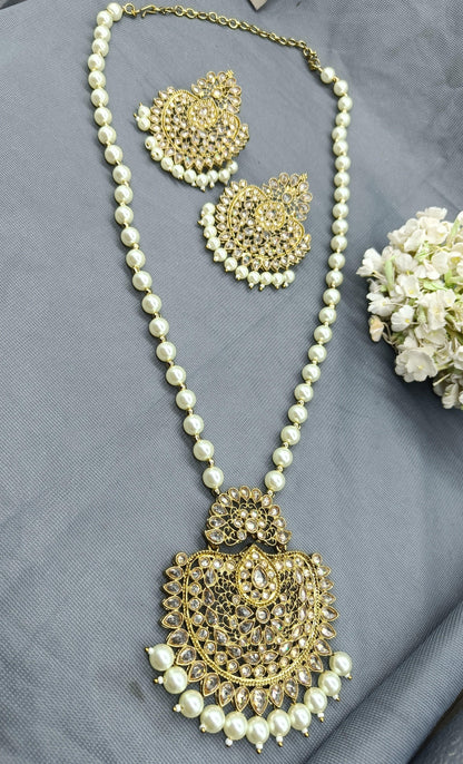 Pearl Polki Long Necklace Mehndi Set Sku-6136 B1 - rchiecreation