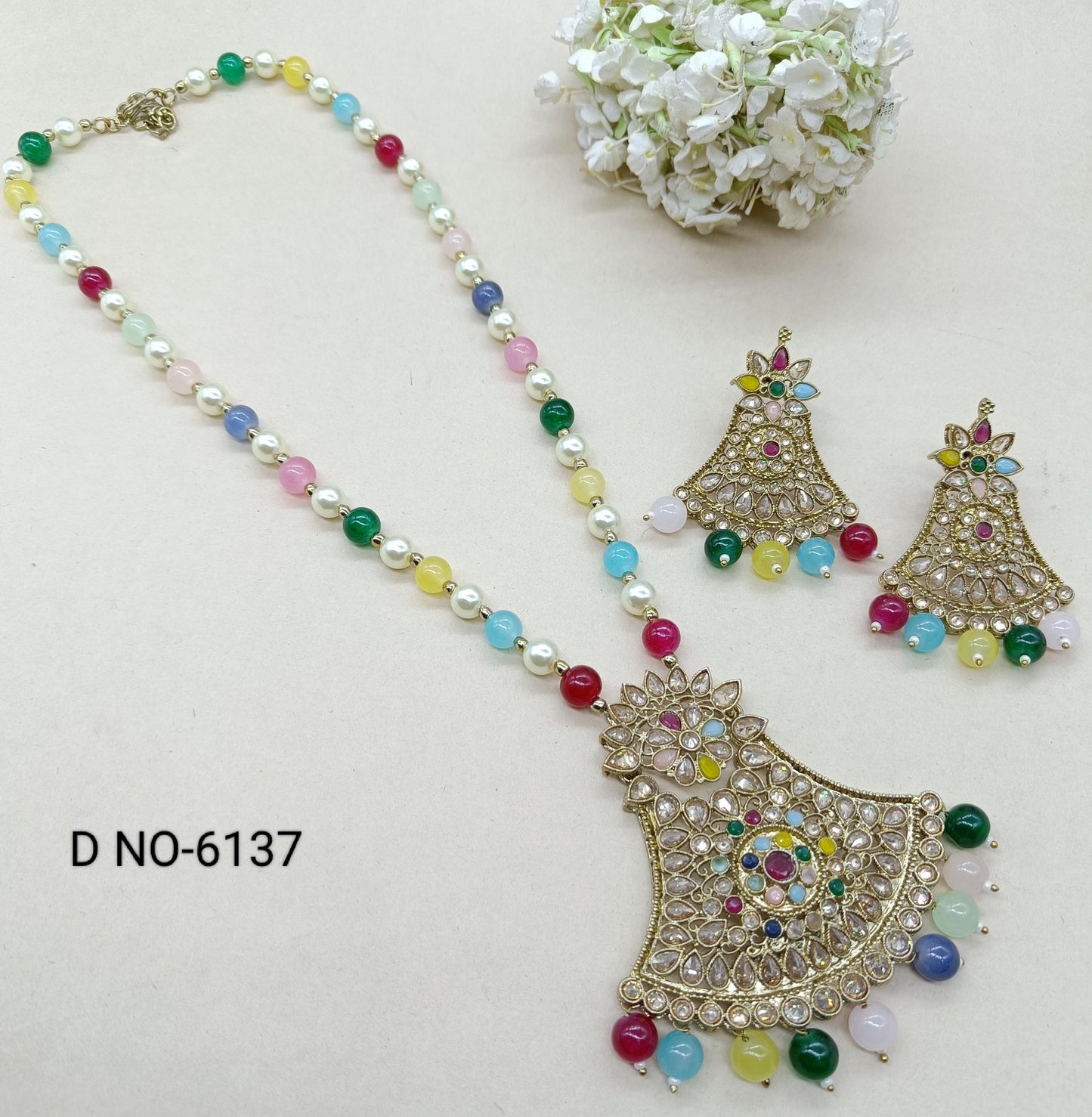 Pearl Polki Long Necklace Mehndi Set Sku-6137 B3 - rchiecreation