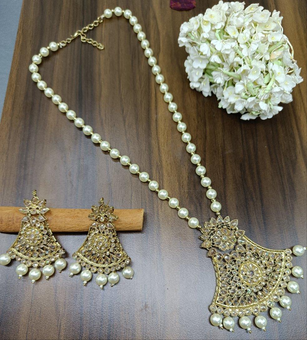 Pearl Polki Long Necklace Mehndi Set Sku-6137 B3 - rchiecreation