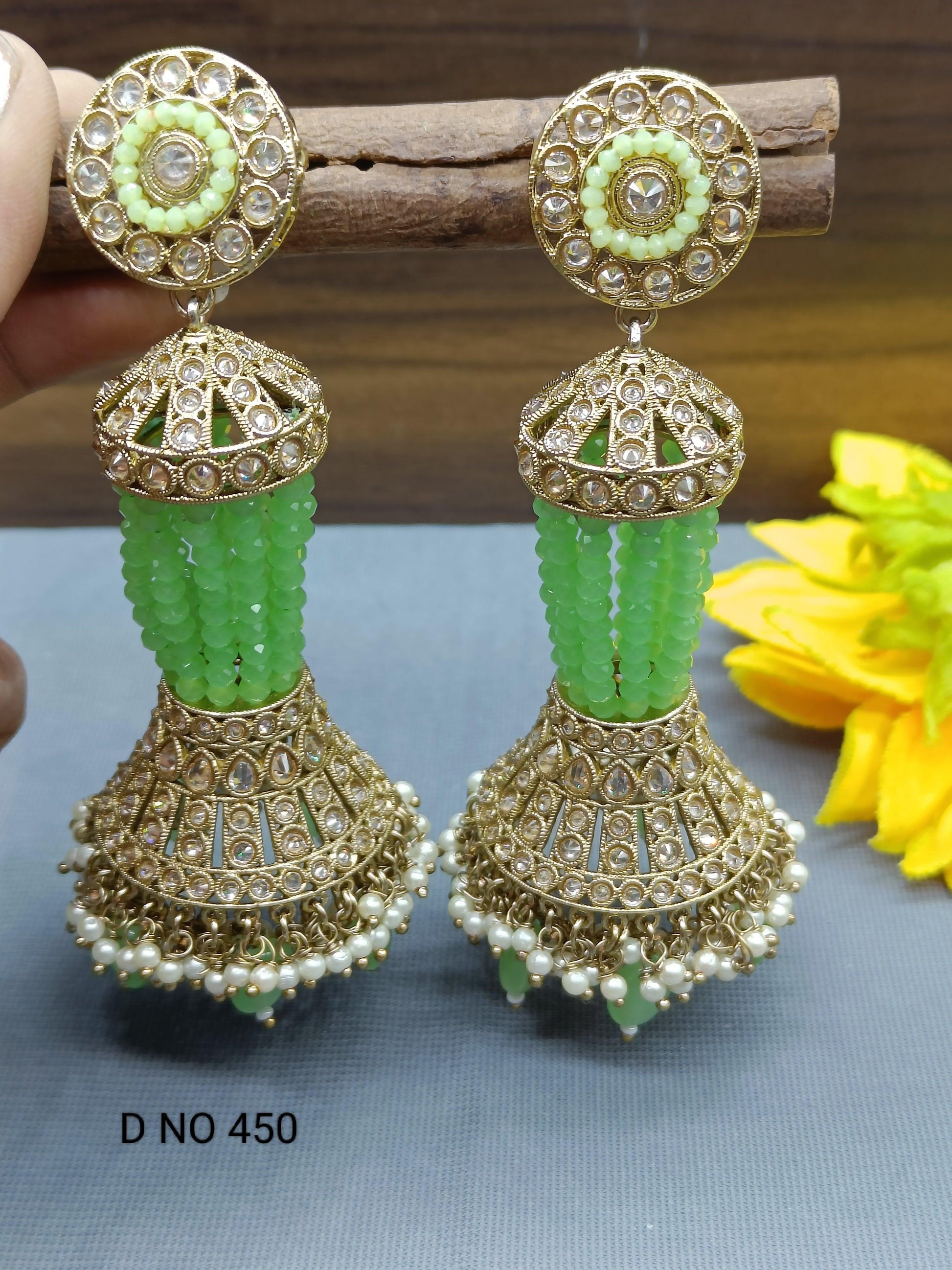 Polki Earring Long Jhumki Mehndi Sku - 450 A3 - rchiecreation