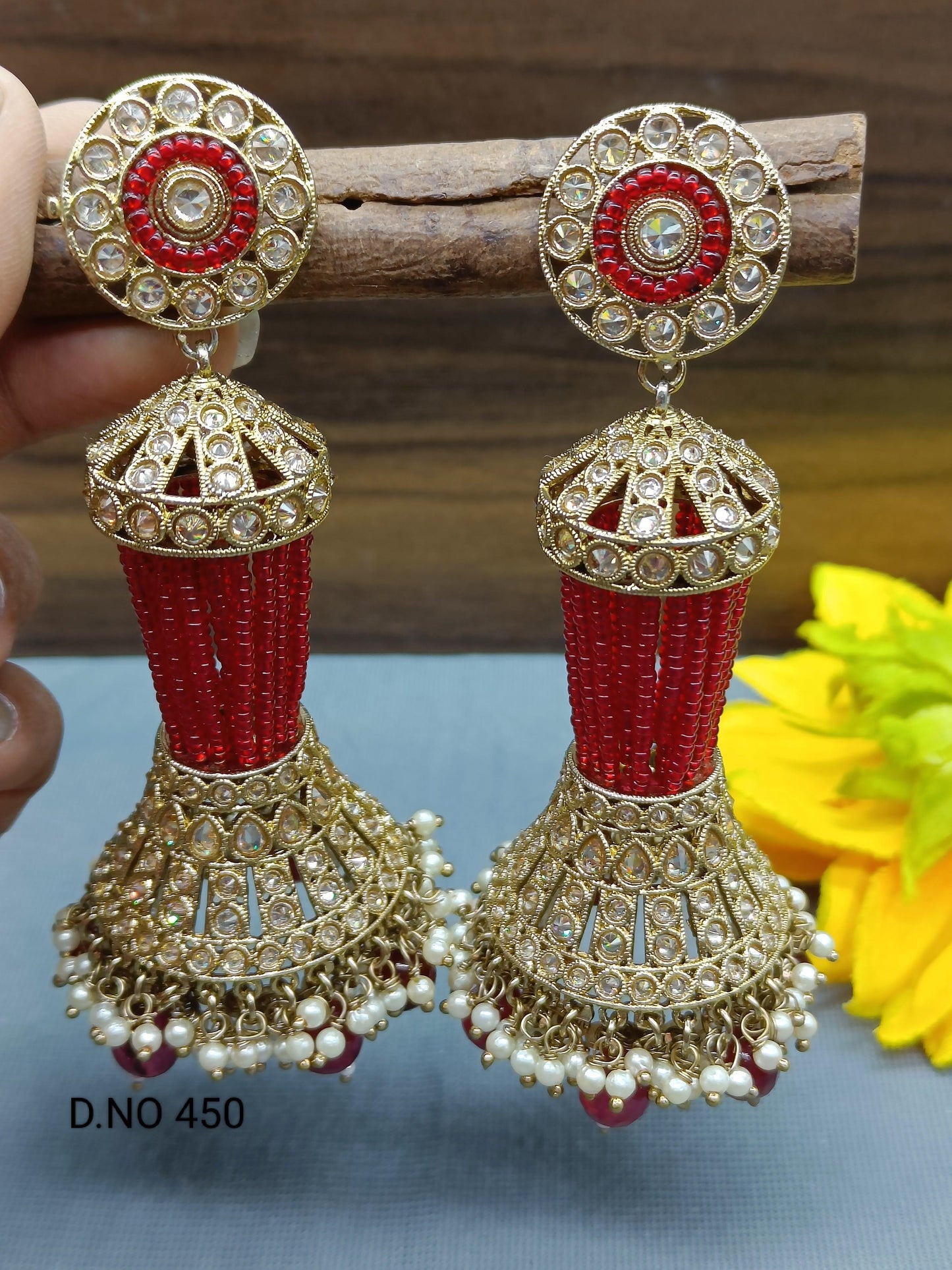 Polki Earring Long Jhumki Mehndi Sku - 450 A3 - rchiecreation