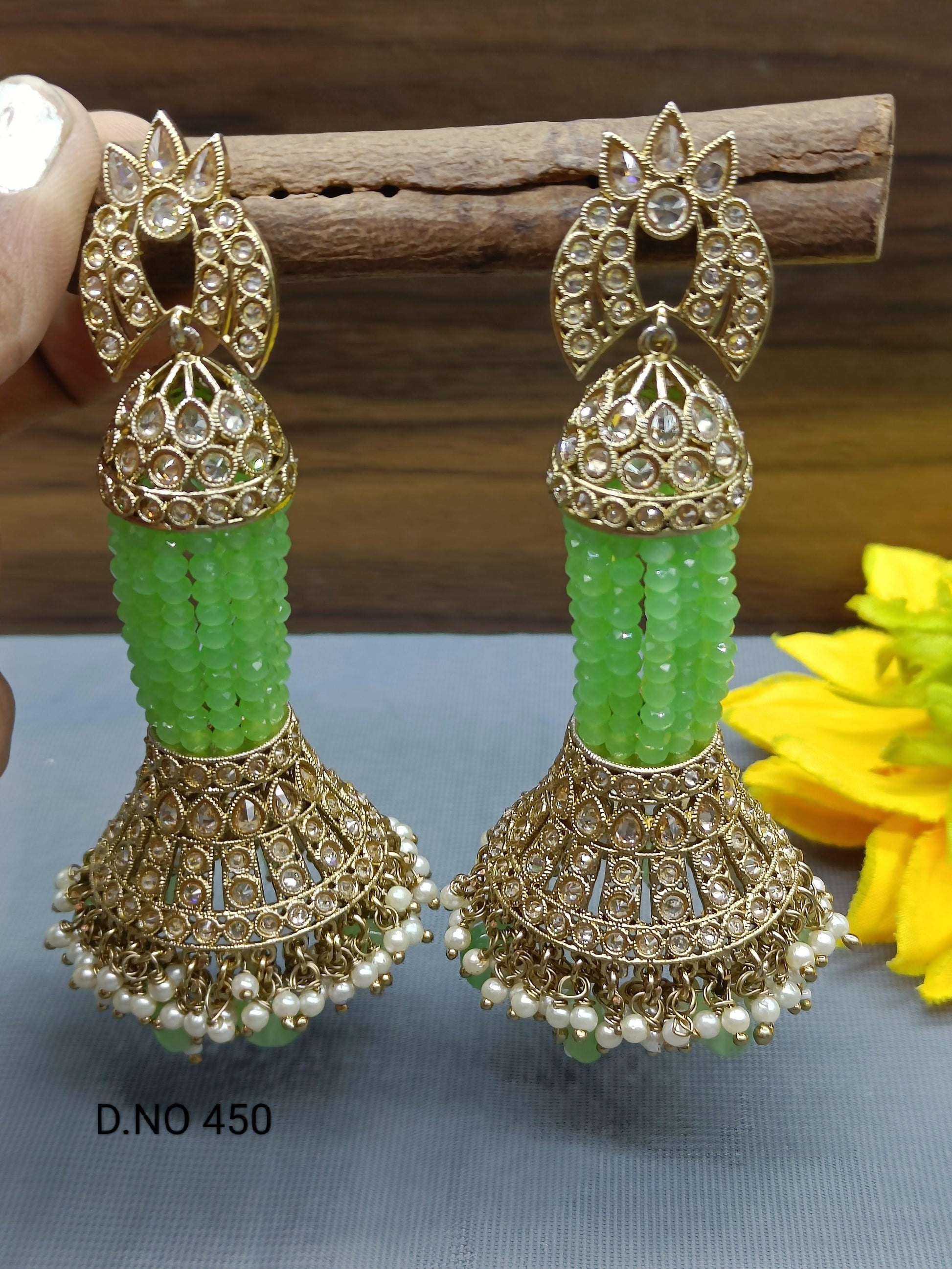 Polki Earring Long Jhumki Mehndi Sku - 450 A3 - rchiecreation