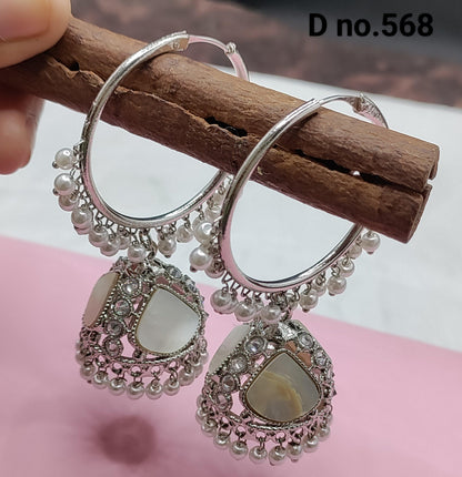 Polki Hoop Jhumki Earring Rodium Sku-568 E3 - rchiecreation