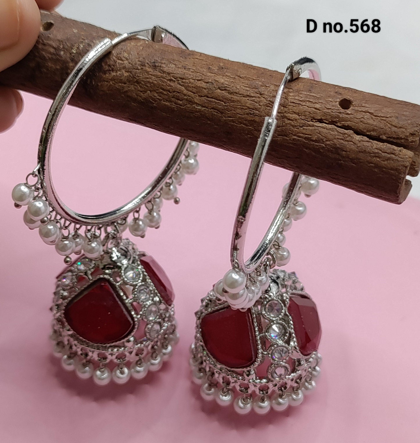 Polki Hoop Jhumki Earring Rodium Sku-568 E3 - rchiecreation