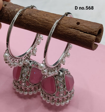 Polki Hoop Jhumki Earring Rodium Sku-568 E3 - rchiecreation