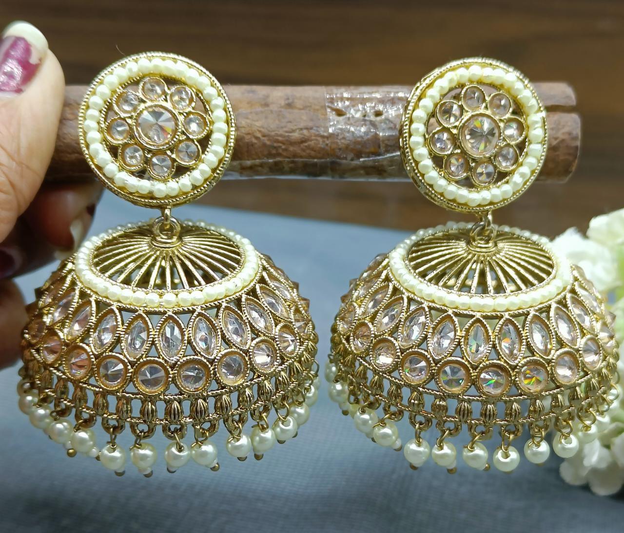 Polki Jhumki Earring Mahndi Sku 873 A3 - rchiecreation