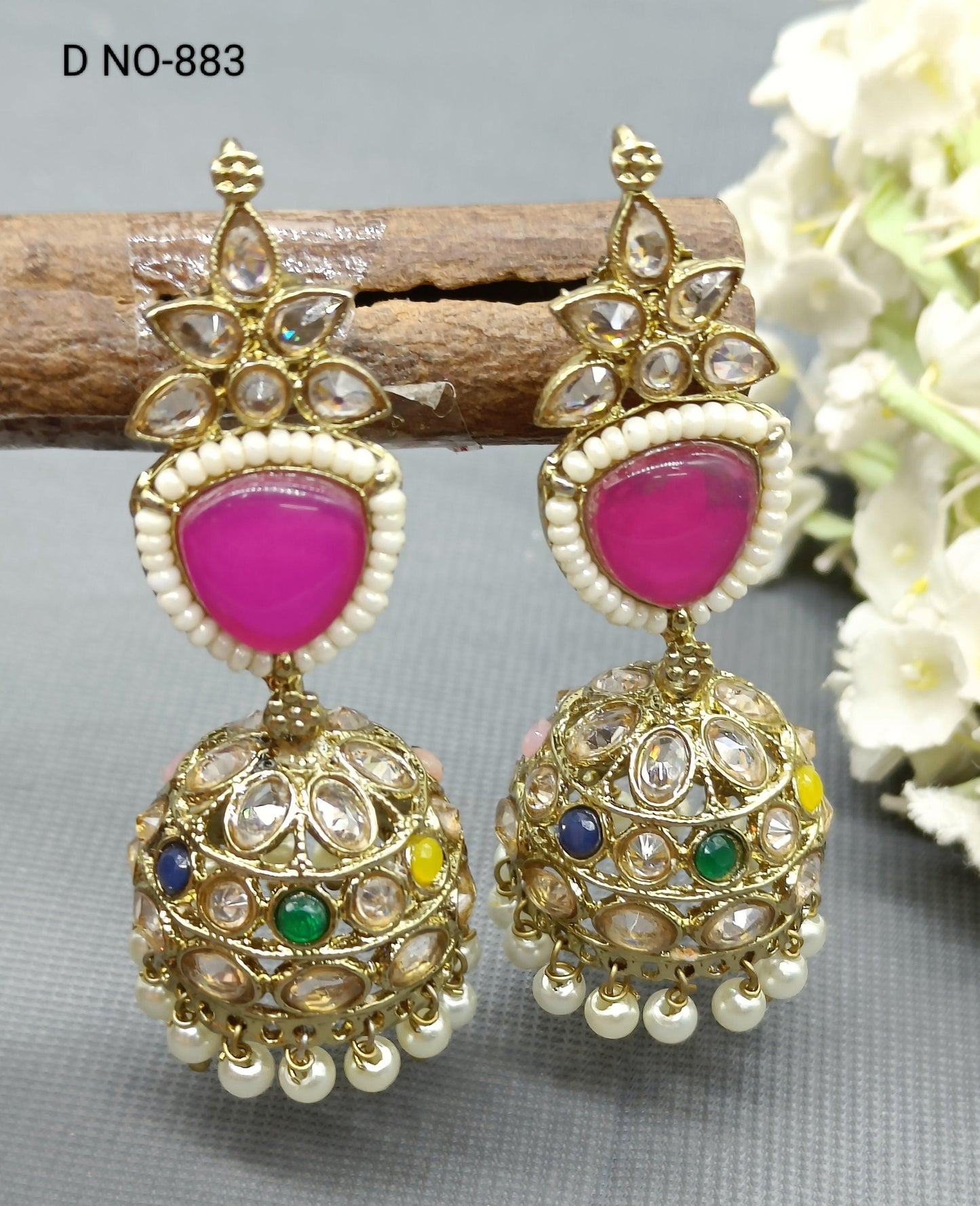 Polki Jhumki Earring Mahndi Sku 883 A4 - rchiecreation