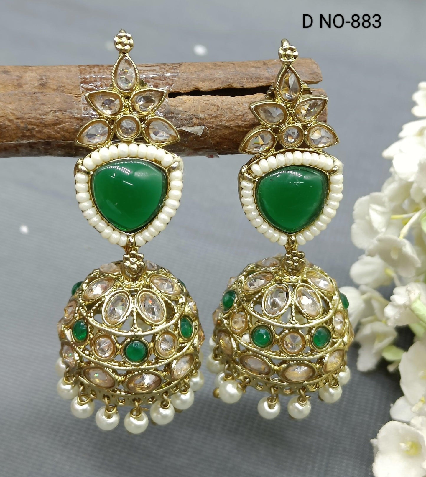 Polki Jhumki Earring Mahndi Sku 883 A4 - rchiecreation