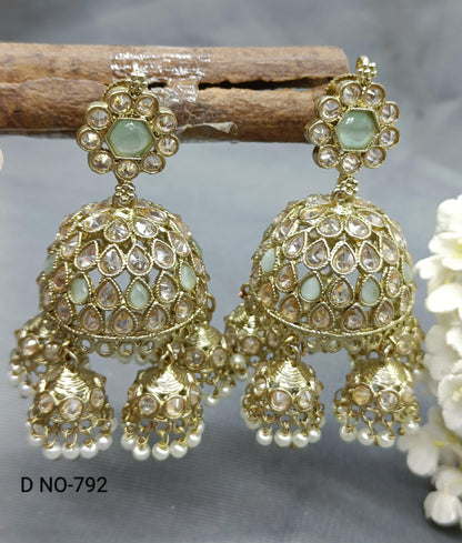 Polki Jhumki Earring Mehndi Sku -792 A3 - rchiecreation