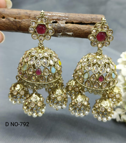 Polki Jhumki Earring Mehndi Sku -792 A3 - rchiecreation