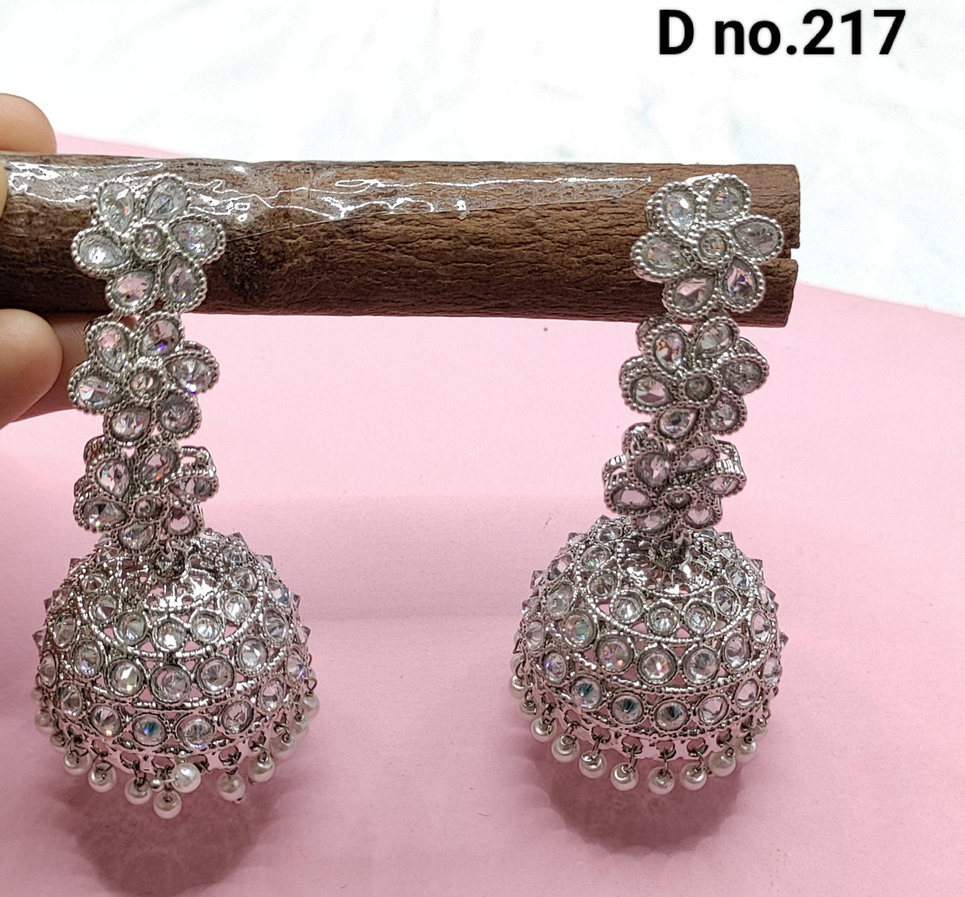 Polki Jhumki Earring Rodium Sku -217E3 - rchiecreation