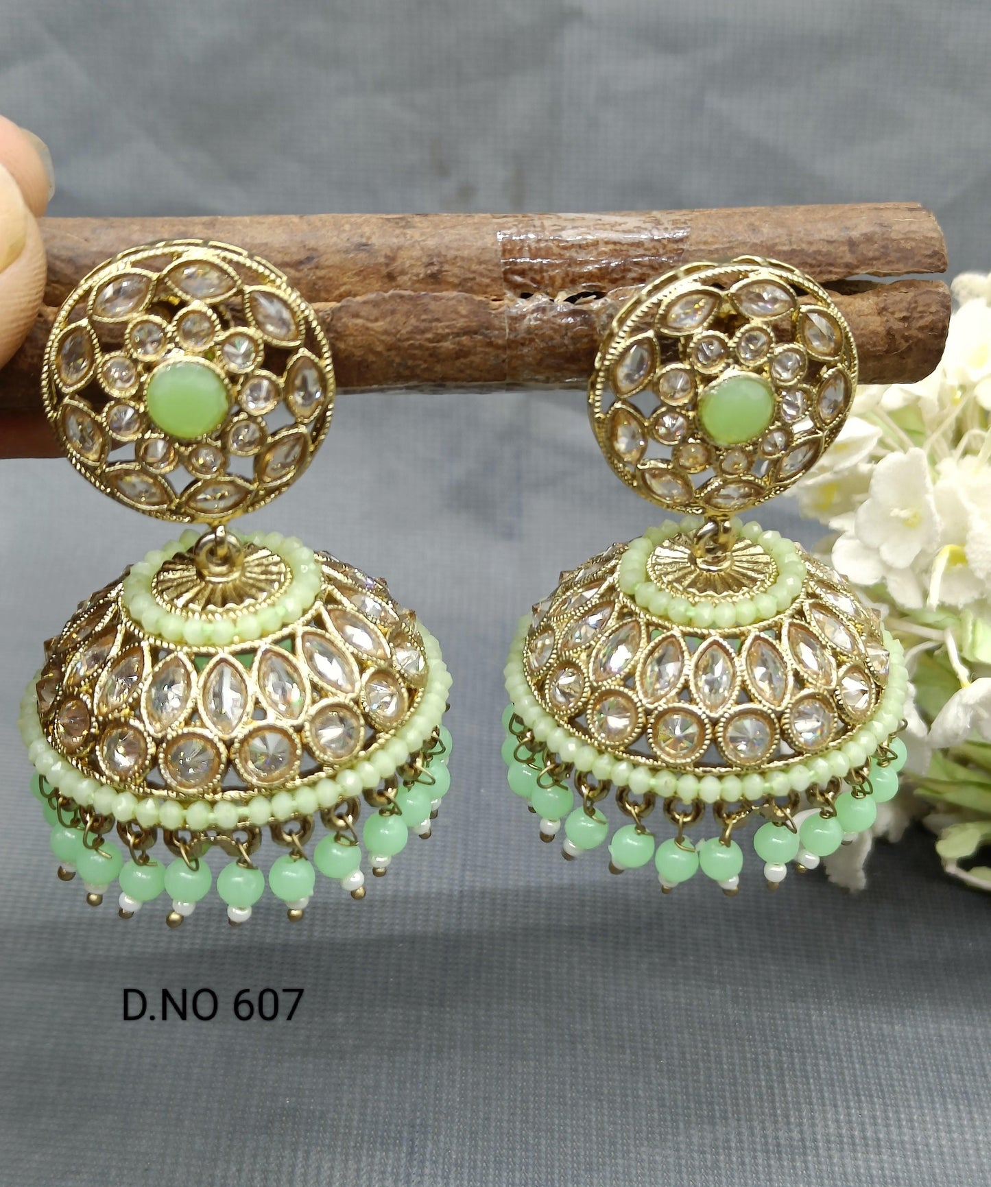 Polki Mehndi Jhumki Earring Sku -607A3 - rchiecreation