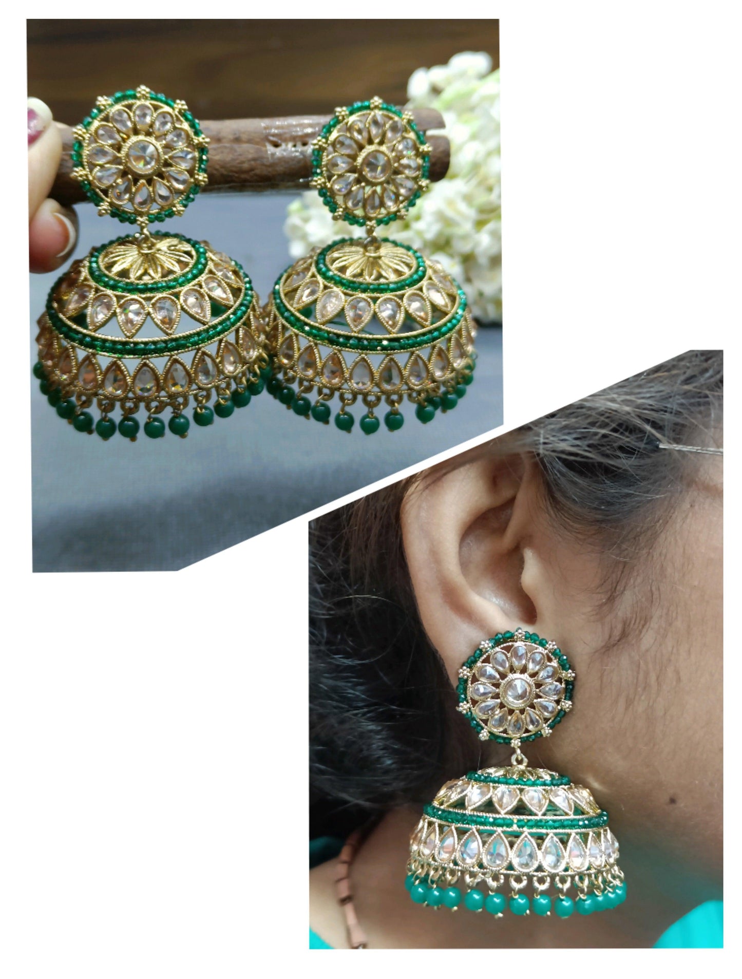 Polki Mehndi Jhumki Earring Sku-871 A3 - rchiecreation