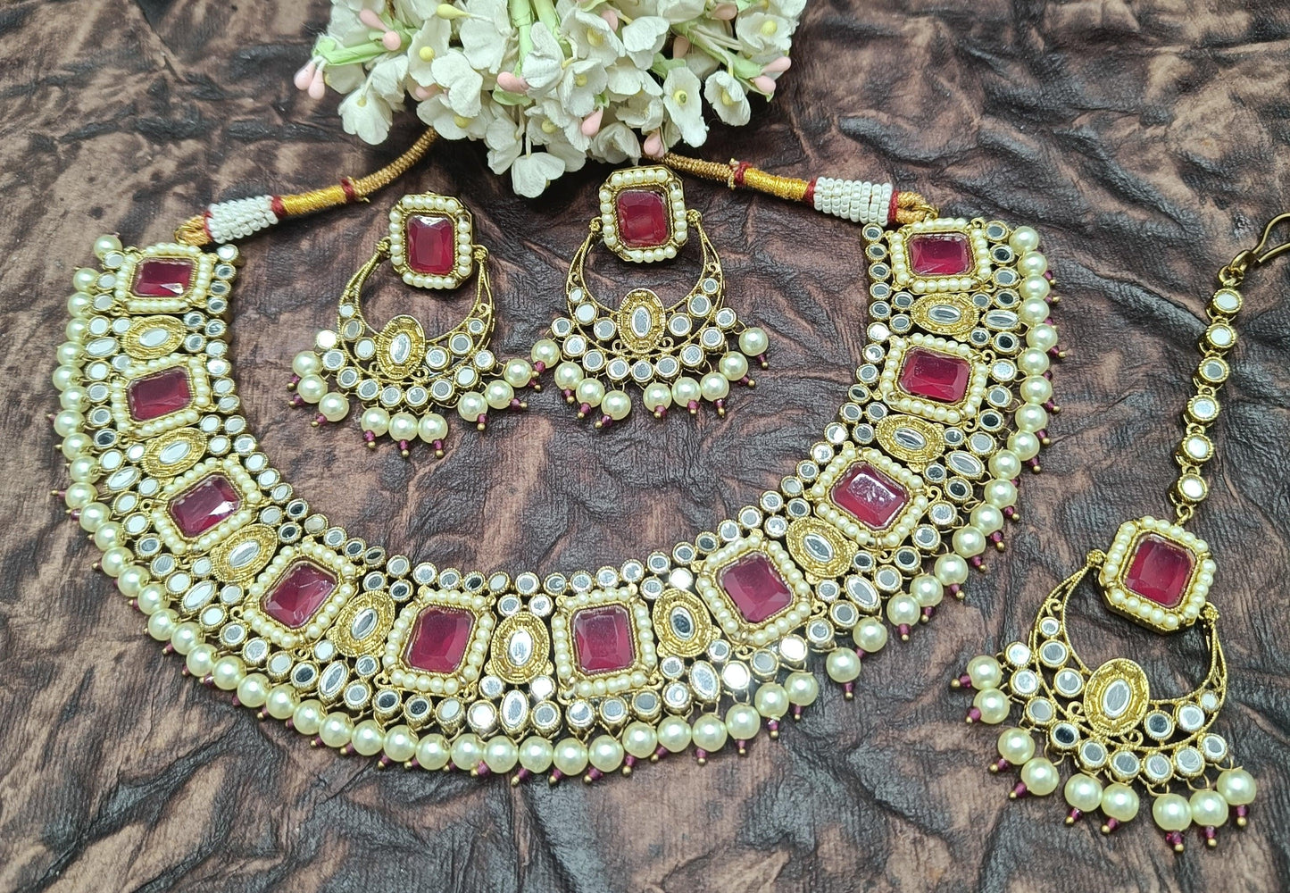 Polki Necklace Mehndi Mirror Set Sku-5809 B1 - rchiecreation