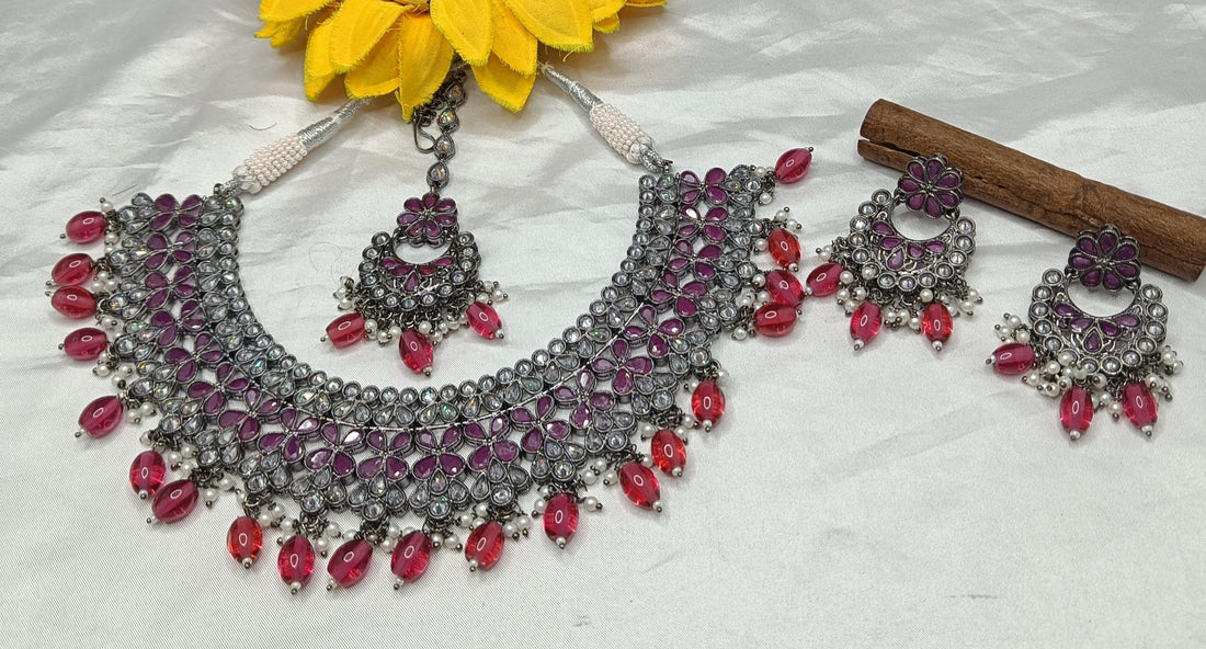 Polki Necklace Rodium Set Sku-5534 B3 - rchiecreation