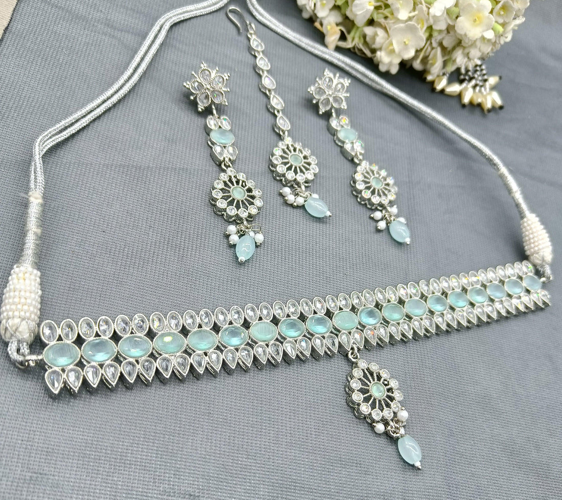 Polki Necklace Rodium Set Sku-5753 B-3 - rchiecreation