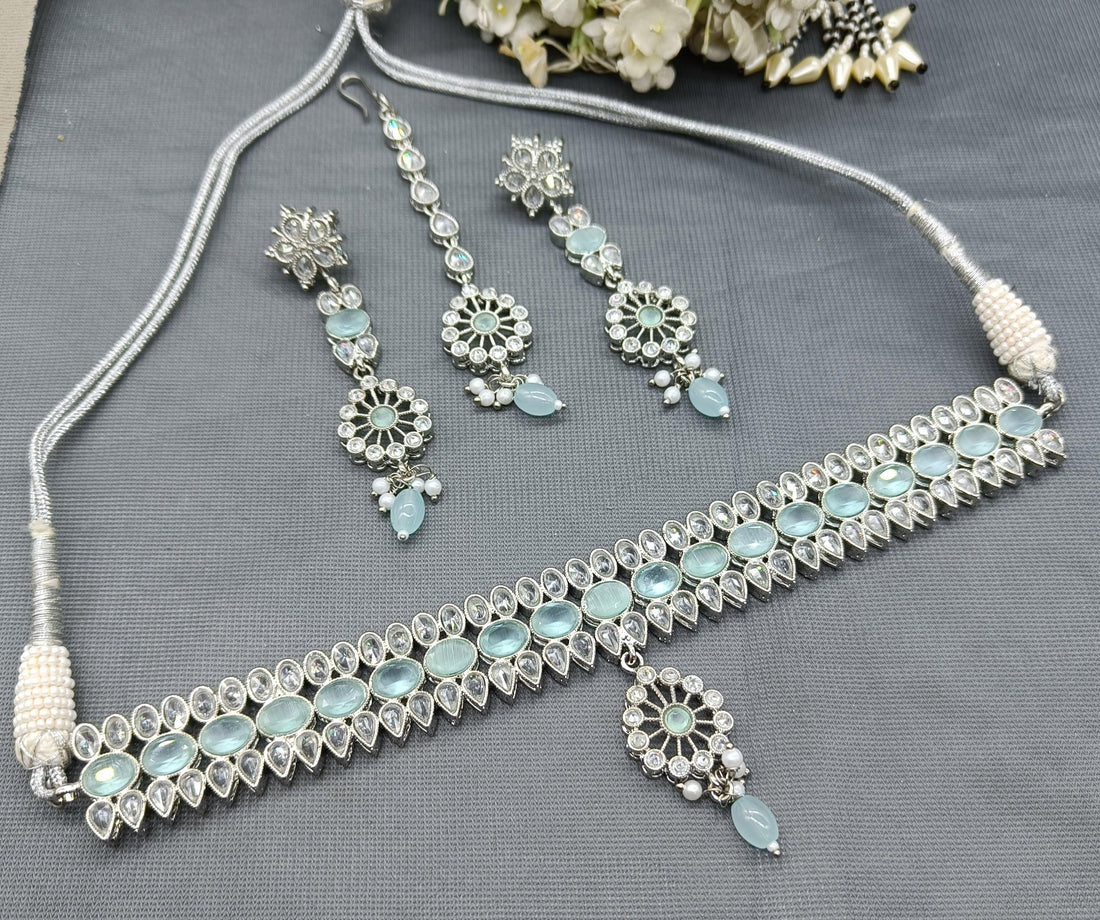 Polki Necklace Rodium Set Sku-5753 B-3 - rchiecreation