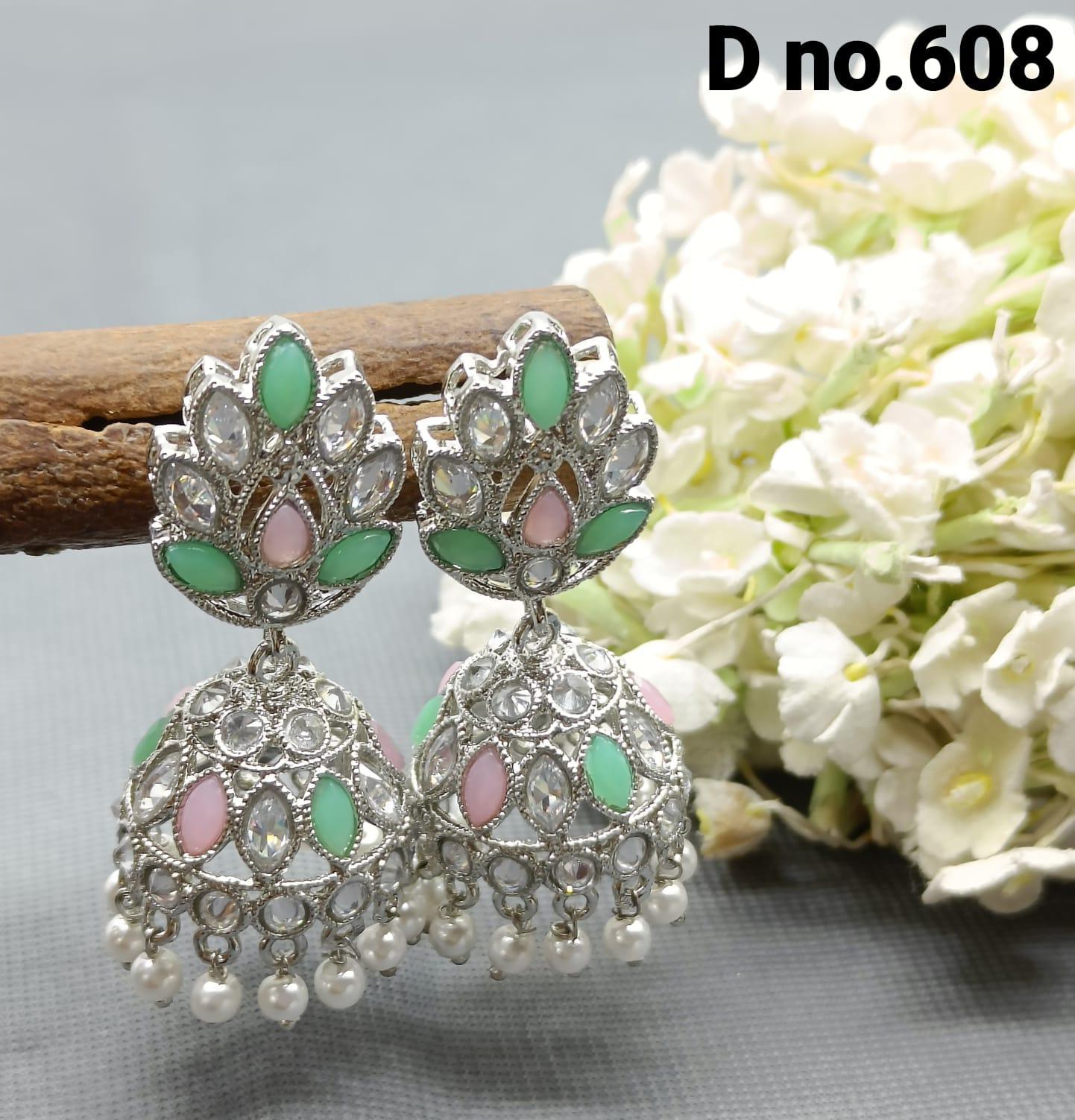 Rodium Polki Mehndi Jhumki Earring Sku-608 A4 - rchiecreation