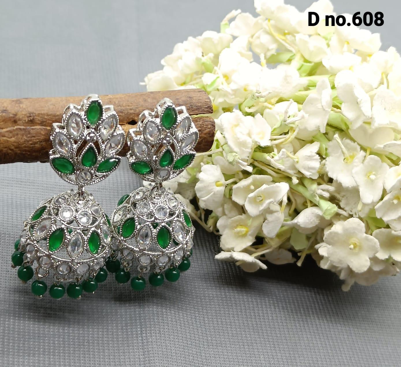 Rodium Polki Mehndi Jhumki Earring Sku-608 A4 - rchiecreation