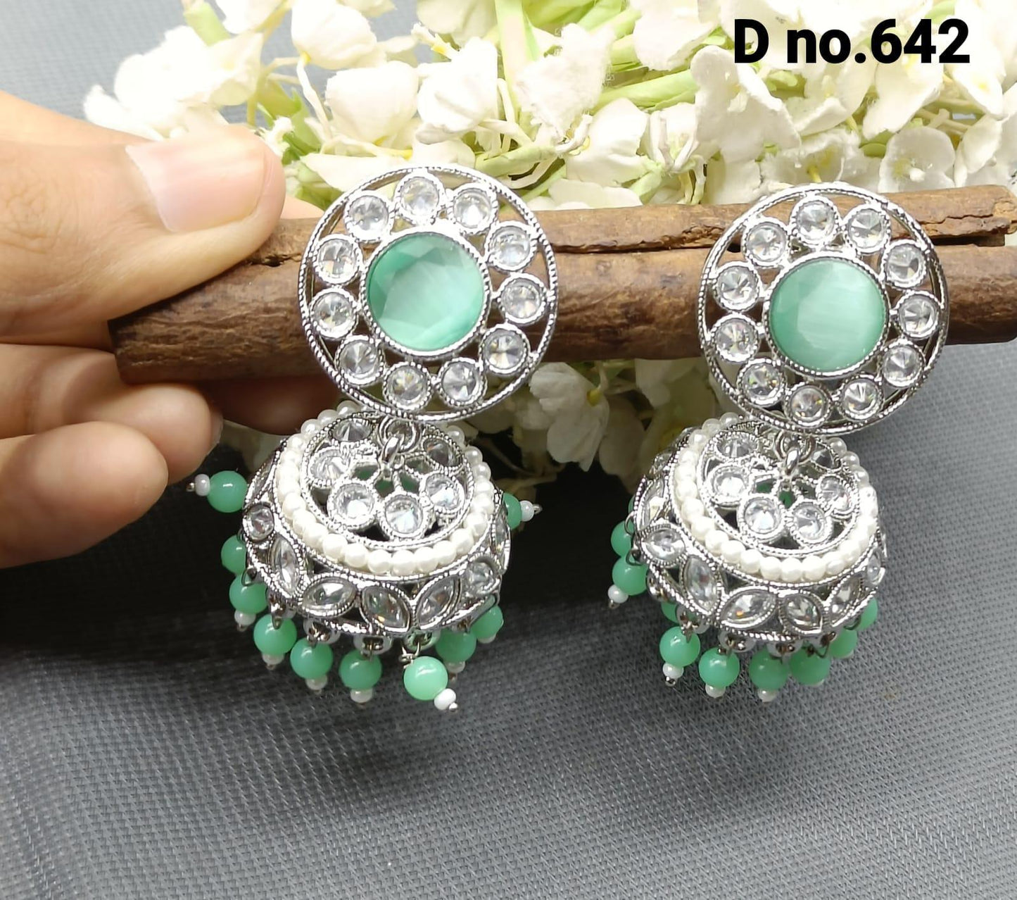 Rodium Polki Mehndi Jhumki Earring Sku-642 A4 - rchiecreation